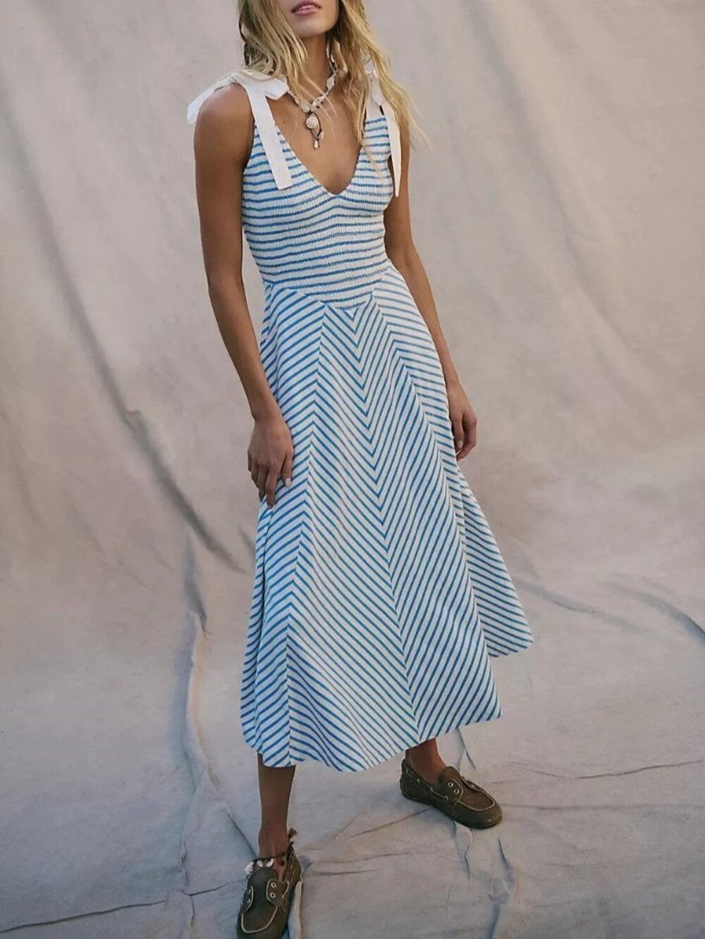 Free People Free-Est Cecelia Midi Dress Striped Printed Smocked Cotton S 290446